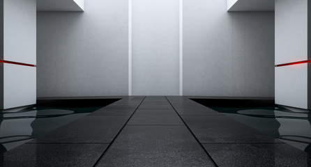 Abstract modern interior Long way in the big hall with pool. Futuristic concept. Future background. 3d illustration.