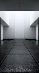 Modern hall long corridor with concrete floor and pool. Futuristic Big space background for product display. 3d render.