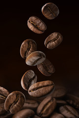 Fototapeta premium Roasted coffee beans falling on pile. Dark colors