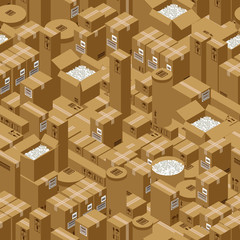 Packaging and boxes for the delivery of goods and goods. Full and empty packages. Seamless pattern for transport company. Isometric 3d