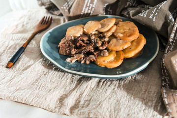 juicy steak veal beef meat with tomato and potatoes