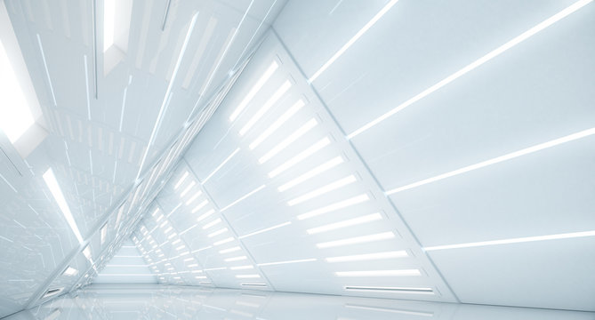 Abstract Triangle Spaceship corridor. Futuristic tunnel with light. Future interior background, business, sci-fi science concept. 3d rendering