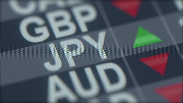Increasing Japanese yen exchange rate indicator on computer screen. JPY forex ticker