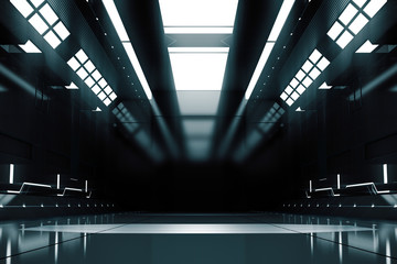 Futuristic tunnel with light. Spaceship corridor interior view.Future background, business, sci-fi or science concept. 3D Rendering.