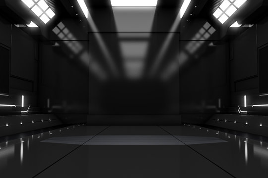 Futuristic tunnel with light. Black Spaceship corridor interior view.Future background, business, sci-fi or science concept. 3D Rendering.