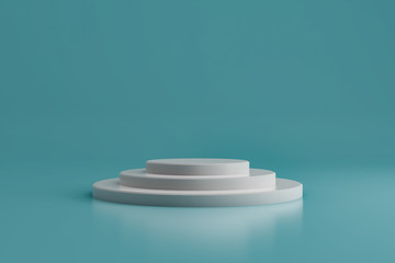 Round white stage podium with blue backdrop. Pedestal. Scene for award ceremony. 3d rendering.