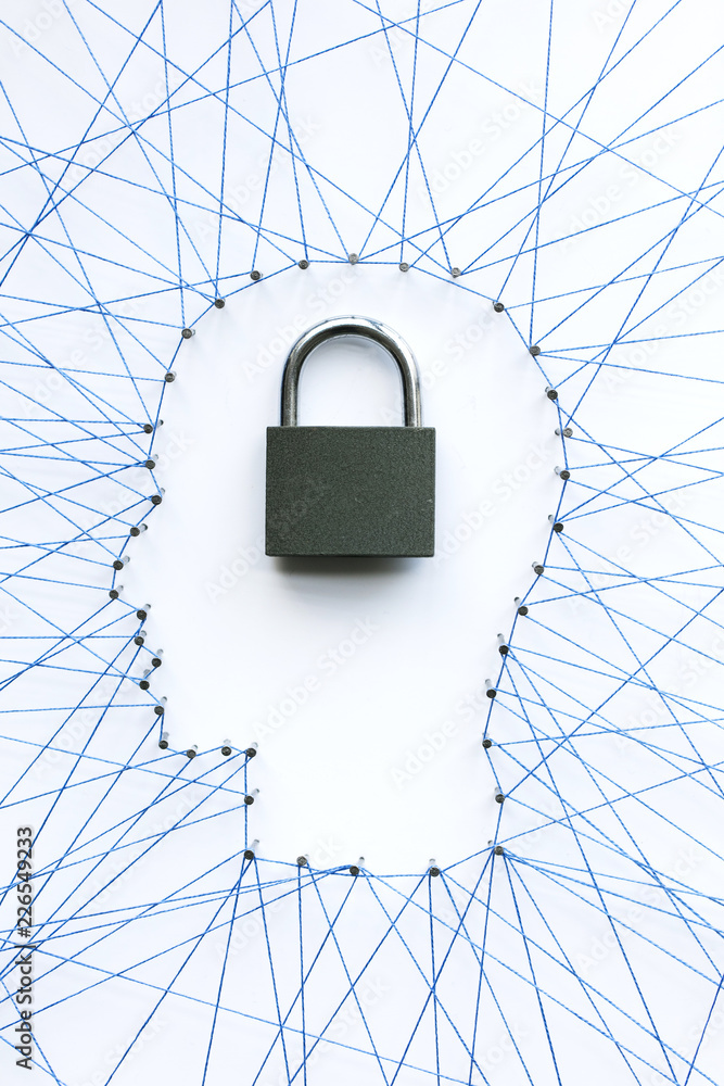 Poster human head shape made from a large grid of pins connected with string. communication technology and 
