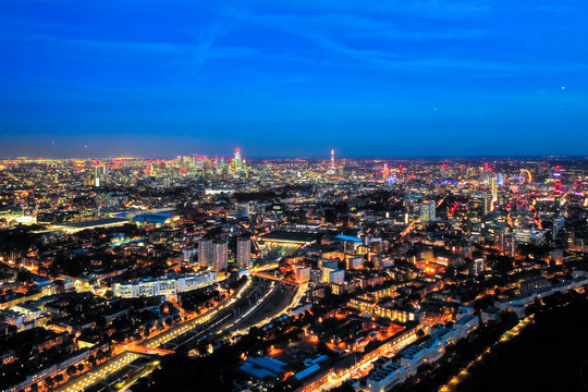 Aerial view night cityscape of London with urban architectures. Icons of the London skyline feat. residential areas such as Euston, Fitzrovia, Marylebone with Central Famous Buildings in England, UK