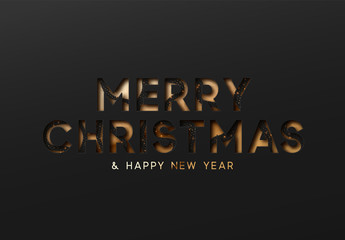 Merry Christmas and Happy New Year. Text black Effect of the cut paper with the embossed. Vector dark background creative design greeting card, banner, poster.