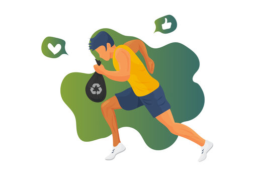 Plogging, vector illustration concept of fitness activity trend: jogging athlete picking up a bag of garbage, litter or trash.