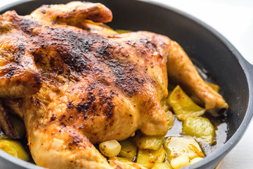 chicken baked with potatoes close up