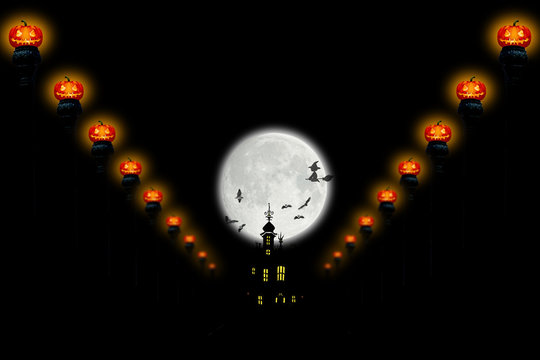 Halloween Concept background with castle, moon, pumpkin, witches and bat on pumpkin lanterns background.