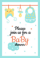 Vector Illustration. Design template card with hand lettering for baby shower. Cute funny bonnet, bib and pacifier with different childish elements. Poster for the kid's birthday.
