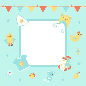 Vector Illustration. Template background with frame for baby's photo. Poster for kid's birthday, baby shower. Garlands and cute accessories for boy.