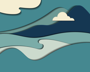 Ocean and mountains with clouds. Vibrant multicolored paper cut background. Abstract modern 3d origami paper art style