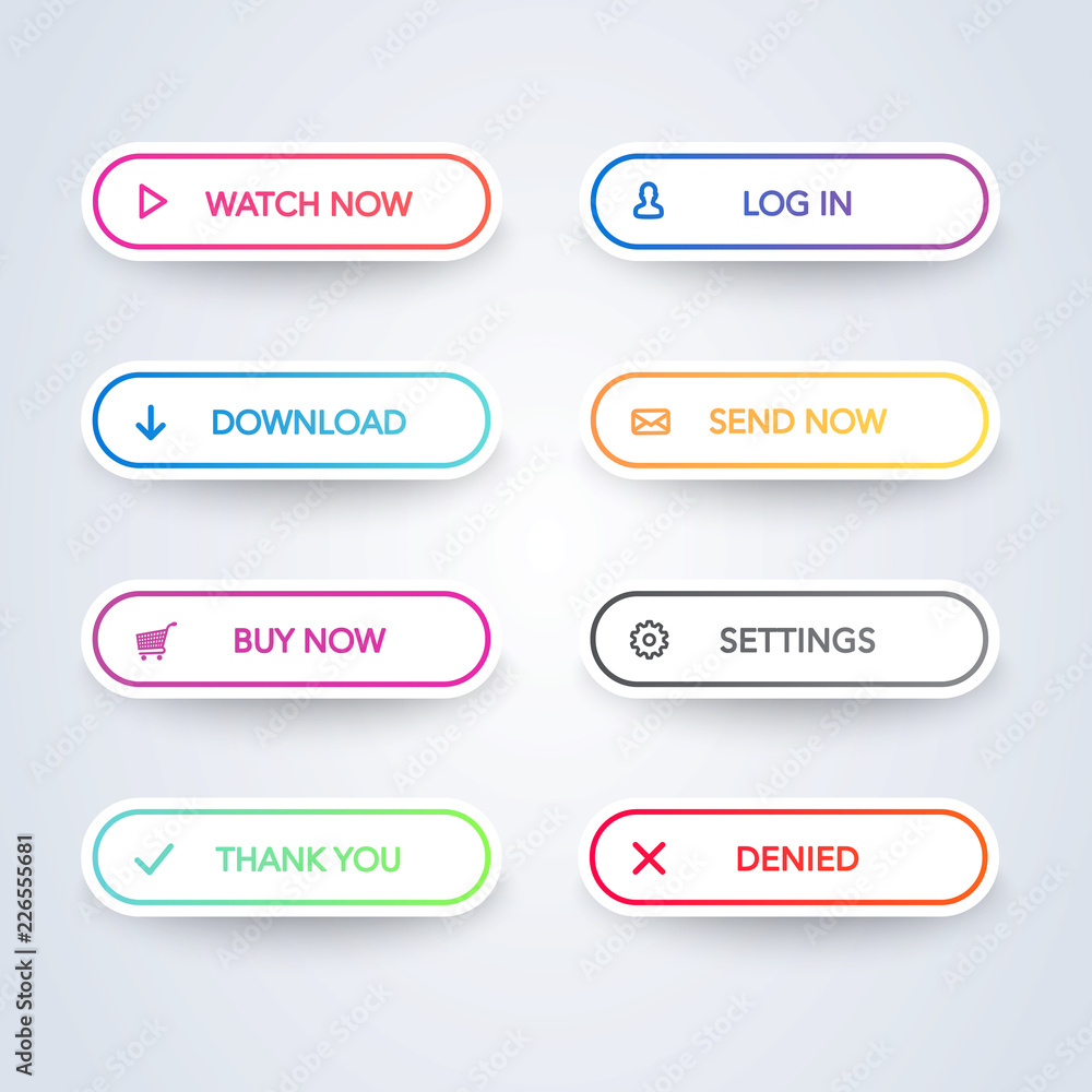 Poster Different colorful button set on white background. Flat line gradient button collection. Vector web element
