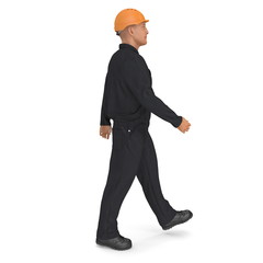 Worker In Black Uniform with Hardhat Walking Pose. 3D illustration