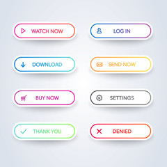 Different colorful button set on white background. Flat line gradient button collection. Vector web element