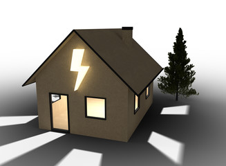 3D render of qlowing cardboard house with flash symbol. Isolated on white background.