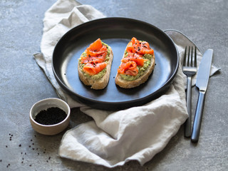 Toasts with avocado and salted salmon and black sesame seeds on a black plate on a gray background