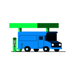 Electric delivery vehicle at a charging station