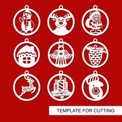 Set of Christmas decorations - balls with Santa Claus, reindeer, candle, angel, snowman, mitten, fir cone, Christmas tree, house. Template for laser cutting. New Year theme. Vector illustration.