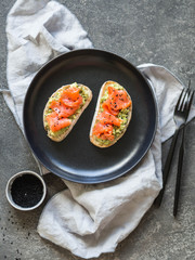 Toasts with avocado and salted salmon and black sesame seeds on a black plate on a gray background