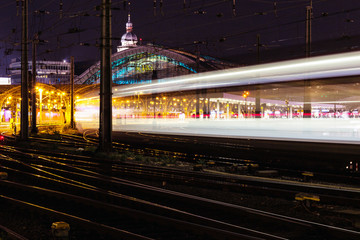Night traffic lights with tracer, Cologne, Germany. Abstract Light Bokeh Background. Tracers...