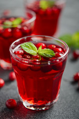 Refreshing cocktail with cranberry and mint on dark concrete background