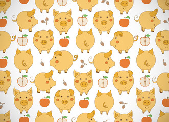 Horizontal greeting card with cute cartoon yellow pigs, apples and acorns on white backgrounds. Vector
