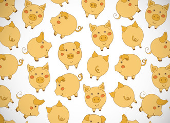 Obraz premium Horizontal greeting card with cute cartoon yellow pigs, apples and acorns on white. Vector