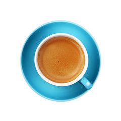 Full espresso coffee in blue cup close up isolated
