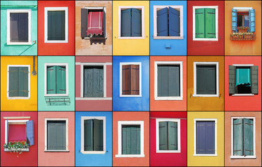 Collage of colorful windows with frames in Burano, Venice, Italy