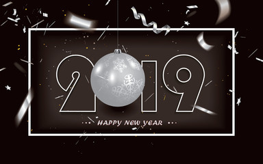 Happy New Year 2019 background with silver cover and defocused silver confetti