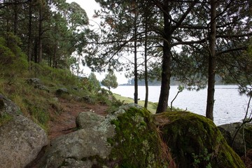 Rocas sobre sendero perdido al lado de lago