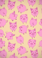 Vertical greeting card with cute cartoon pink pigs, apples and acorns on yellow backgrounds. Vector