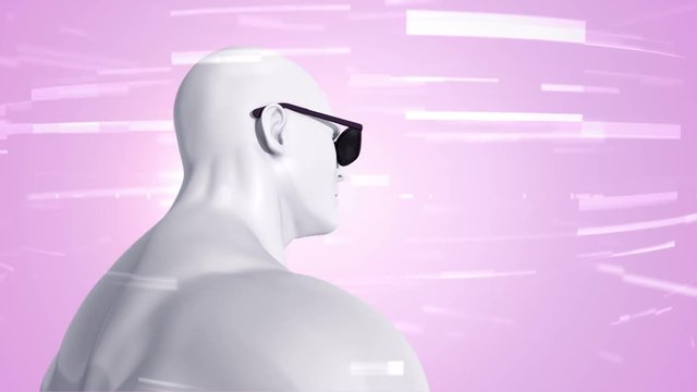 Animation of human with VR Headset at abstract space with particles and data. Virtual reality and technological industry. Animation of seamless loop.