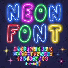 Colored neon letters, numbers, font, alphabet. Vector