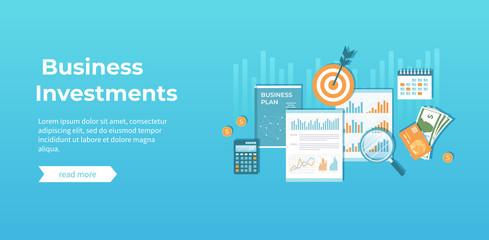 Business investment, financial planning, strategy, management. Diagram graph chart on documents, business plan, money, calendar, calculator. Growth and investment risk. Vector background banner. 