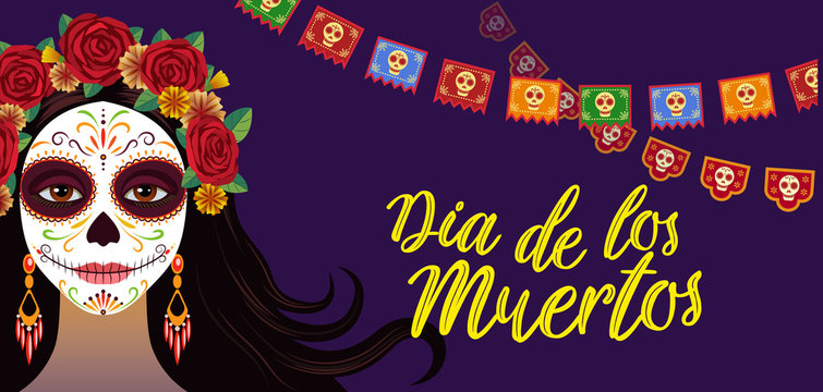 Day of dead, colorful banner and card with girl with traditional make-up and flowers in hair, Mexican holiday, sugar skull. Dia de los muertos party invitation. Vector illustration in flat style.