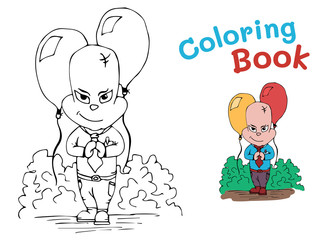A little boy with balloons at the Festival. A coloring book for children. Vector illustration