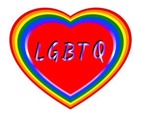 Metallic purple LGBTQ text on red heart and rainbow heart frame, the colors of LGBT pride flag, symbol of lesbian, gay, bisexual, transgender, and queer/questioning (LGBTQ). Vector illustration, EPS10