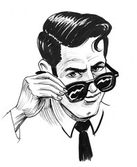 Stylish man in sunglasses. Ink black and white drawing