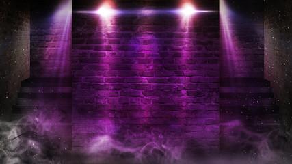 Background of an empty staircase, a brick wall, neon light, rays, smoke.