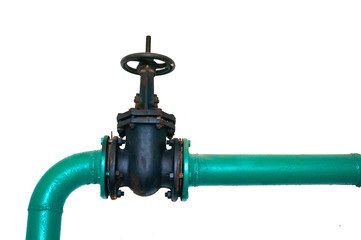 Old black valve on a cold water pipeline painted green isolated on a white background.