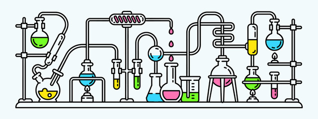 Chemistry lab banner. Outline illustration of chemistry lab vector banner for web design