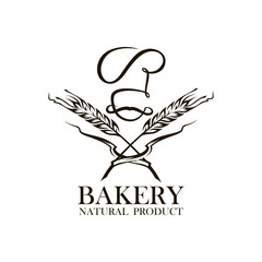 monochrome icon of wheat ears and baker isolated on white background