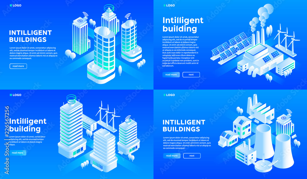 Aufkleber intelligent building banner set. isometric set of intelligent building vector banner for web design