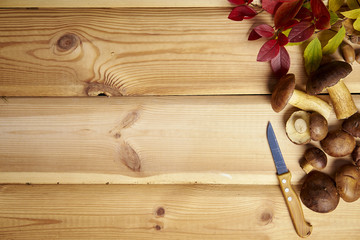 beautiful autumn background with mushrooms leaves and cones on an old wooden table
