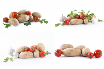 Potatoes and tomatoes on a white background. Potatoes on a white background. Red tomatoes with potatoes
